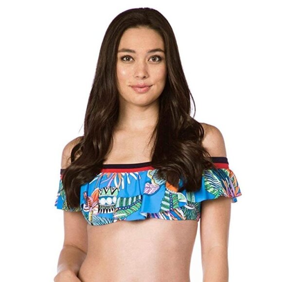 Trina Turk Women's Pacific Blue / Tahiti Tropical Leaf Print Ruffle Swim… - Picture 1 of 2